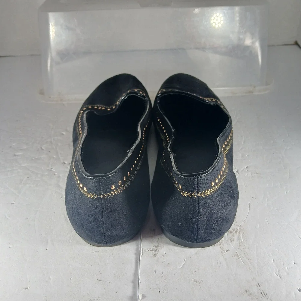 Style & Co Farra Flats 8M Black Gold Studded Embroidered Bohemian Chic Slip On